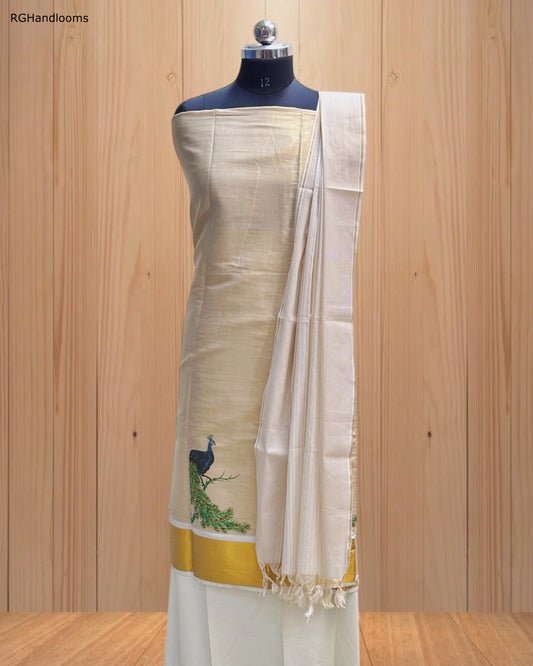 Ivory Churidar Material with Graceful Peacock Design & Golden Border