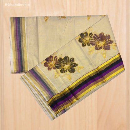 Tissue Hand Paint Saree with embroidery , with Flower Designs