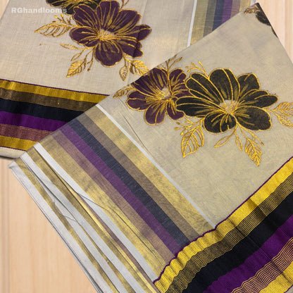 Tissue Hand Paint Saree with embroidery , with Flower Designs