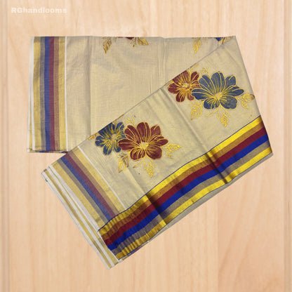 Tissue Hand Paint Saree with embroidery , with Flower Designs