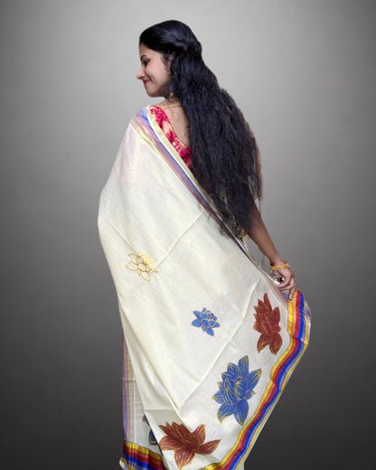 Tissue Hand Paint Saree with embroidery , with Flower Designs