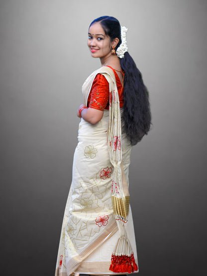 Beige Kerala Saree with Stitched Flower, Red Line, and Golden Border