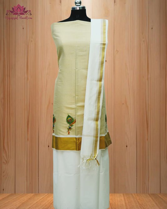Beige Churidar Material, beautifully crafted with a stunning Peacock Leaf Design