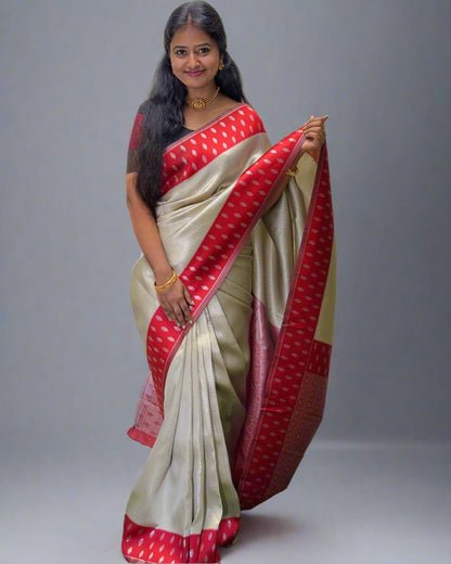 Handloom Tissue Silk Saree With Red Border and Rich Pallu
