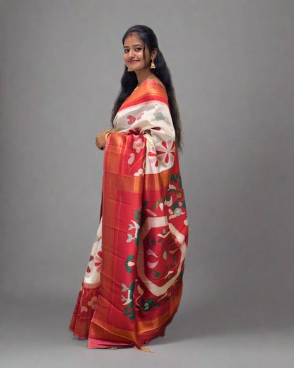 Handloom Silk Saree with Floral Design and Orange Border