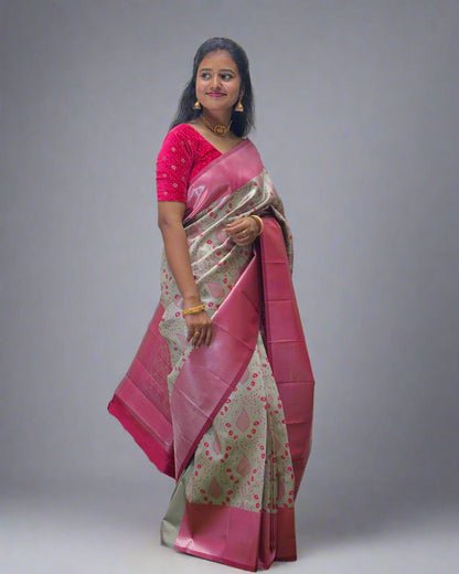 Handloom Silk Saree with Floral Design and Pink Border